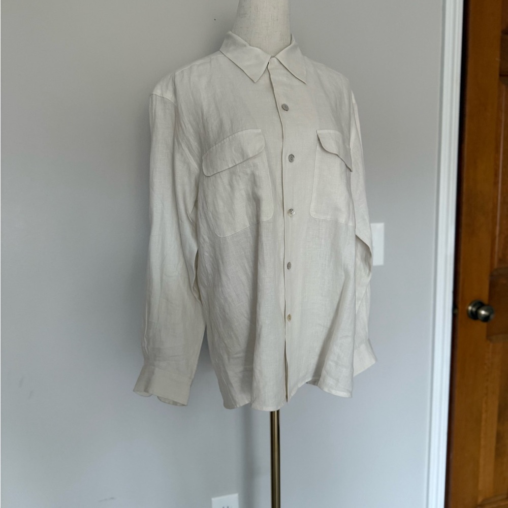 Vintage Henri Bendel linen women’s button down shirt cream coastal grandmother - Picture 2 of 8